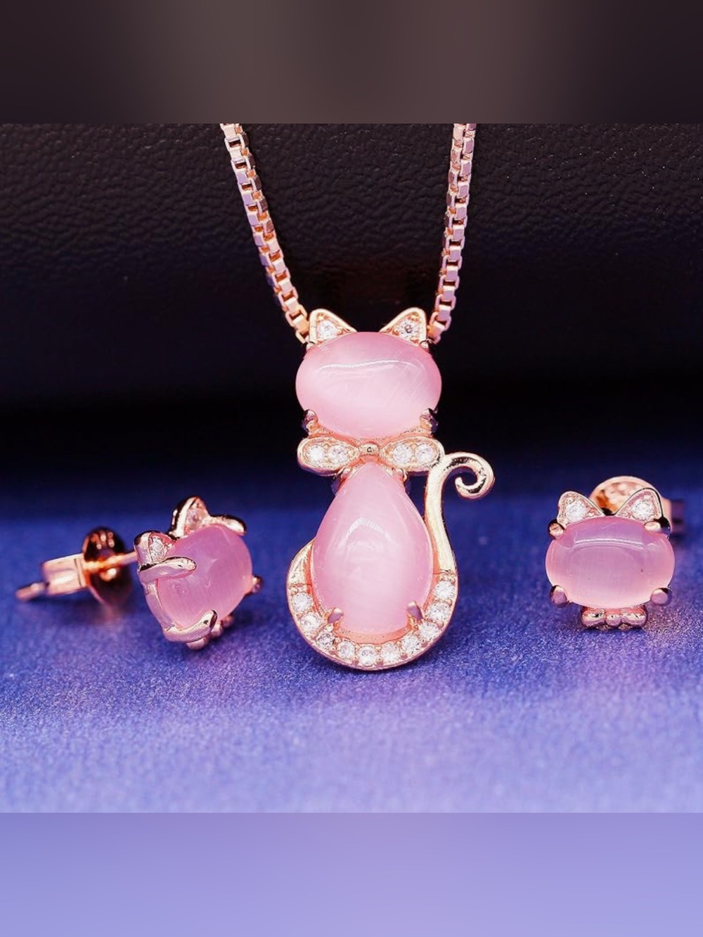 ❤️ Rose Gold Crystal Pink Cat Necklace and Stud Earring Jewelry Set Feline Kitty